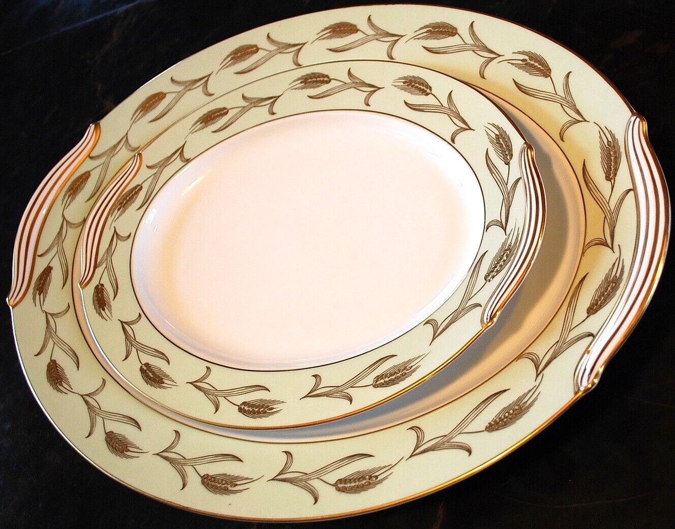 Set 2 Vintage Noritake ALICE Platters 16″ & 12″ GOLD WHEAT ON AQUA BAND c1951