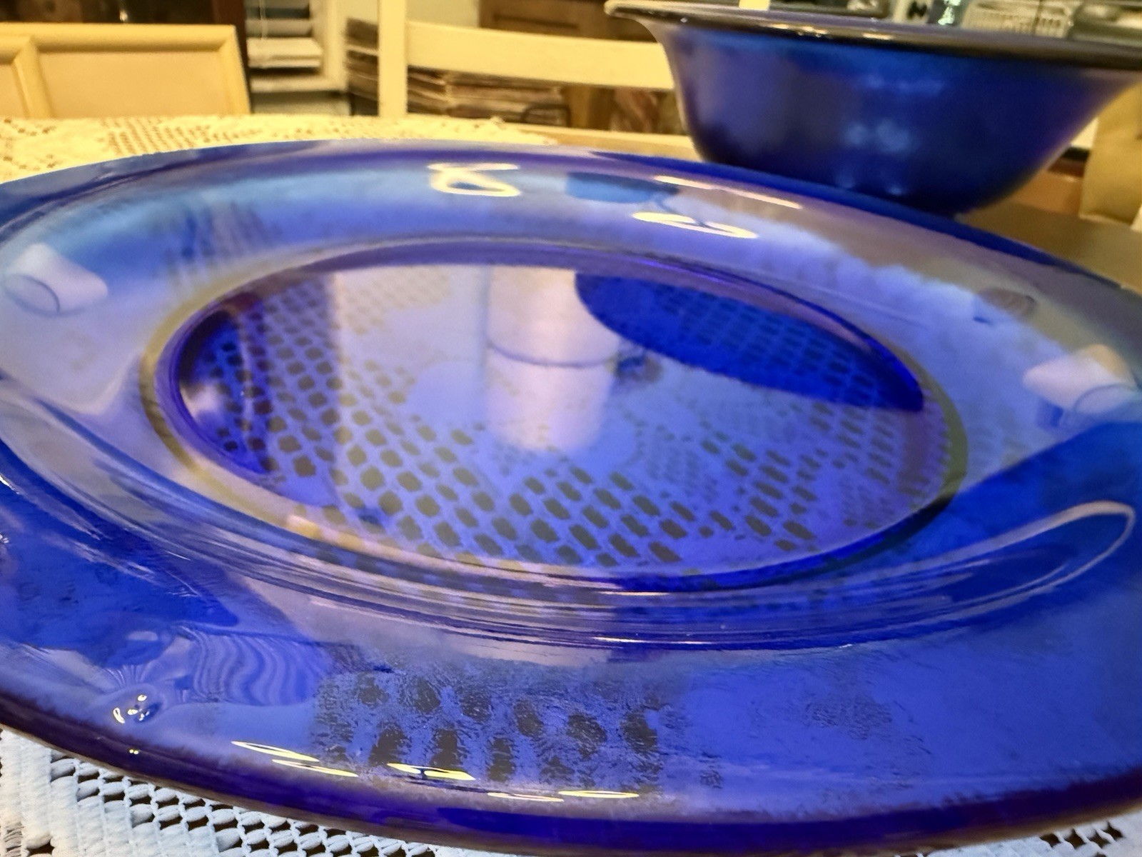 VTG Italy Cobalt Blue Texture Glass Centerpiece Set 15” Platter 13” Serving Bowl