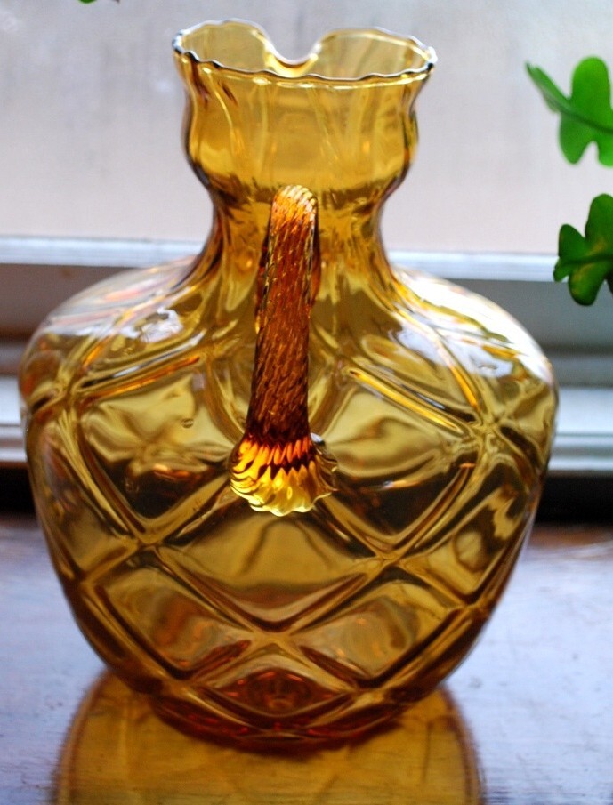 Rare EMPOLI PITCHER 1960s AMBER GLASS OPTIC DIAMOND Hand Blown 10″ Twist Handle