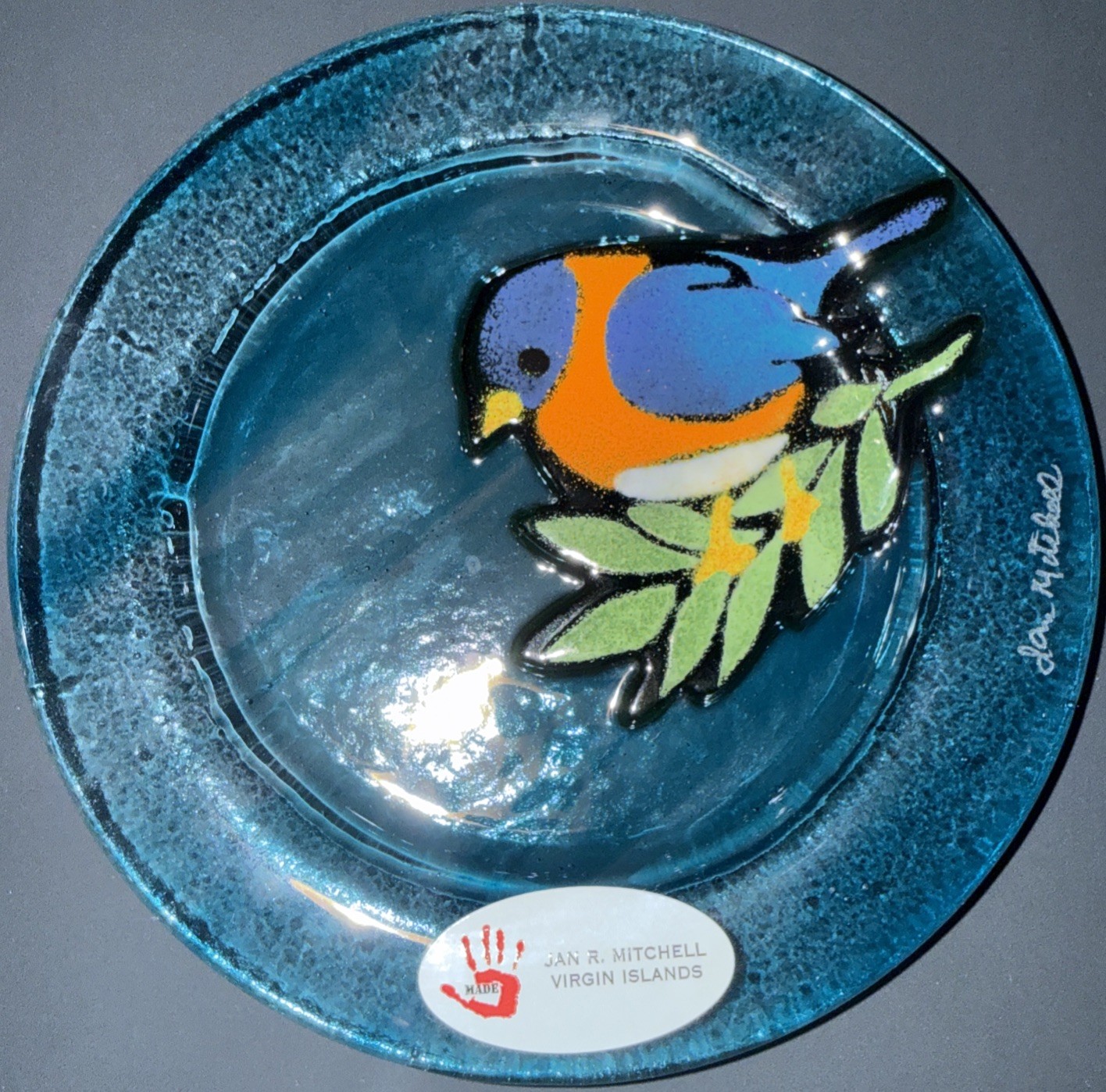 Fused Glass Blue-Green Plate w/ Blue-Orange Bird JAN R. MITCHELL Virgin Island