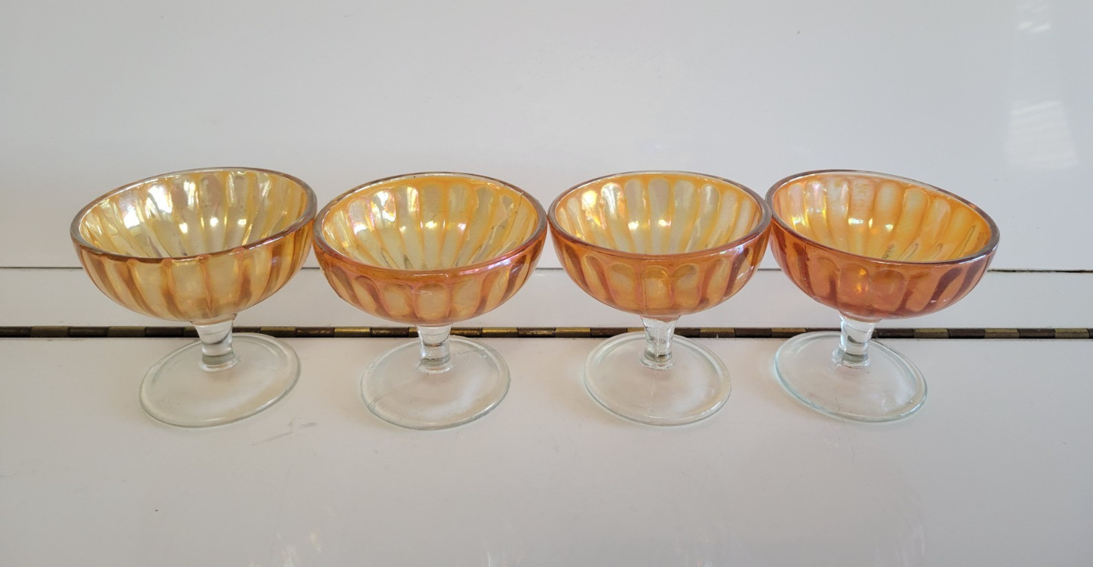 4 PEACH OPASLESCENT CARNIVAL GLASS SHERBETS DESSERT BOWLS 3.25 INCH HOLDS 4 OZS