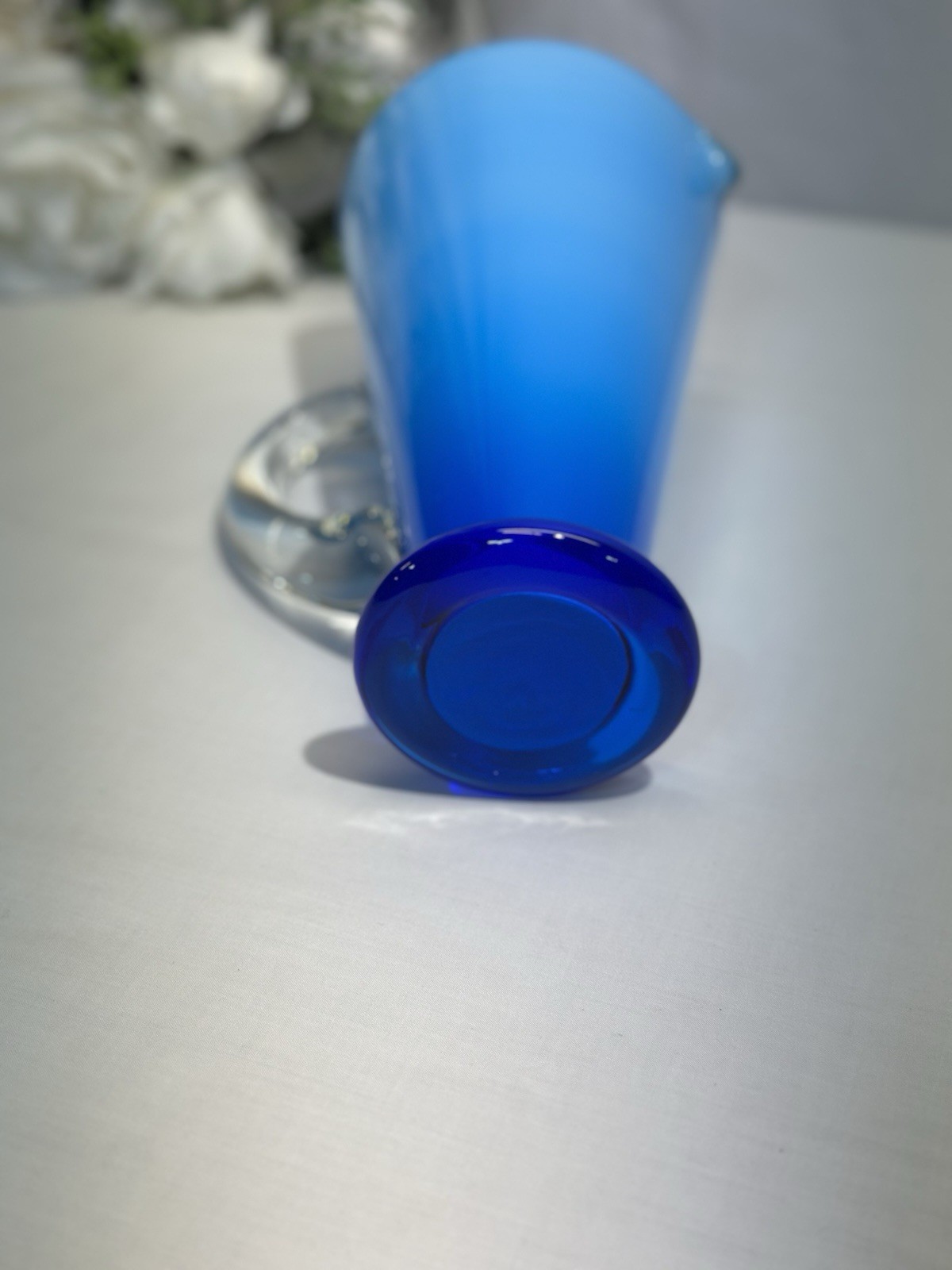 Vintage Gorgeous Italian Pitcher Blown Art Glass Ombré Blue Clear Handle 9.25”