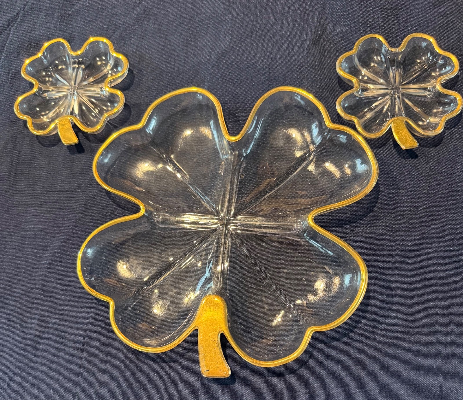 Vintage Jeannette Glass four-leaf clover dishes with 22k gold trim
