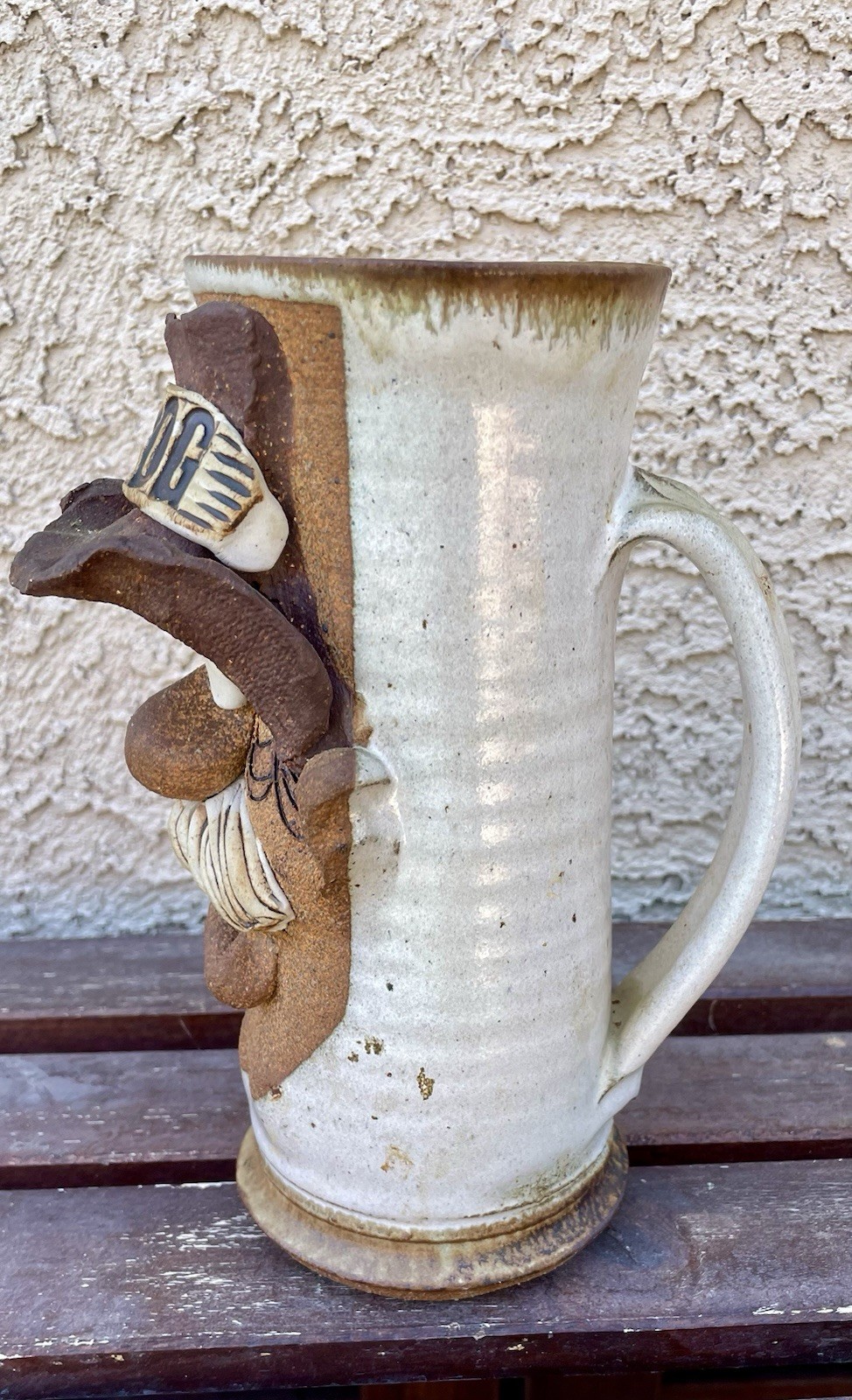 Stoneware Figural Face “GROG” Hat Mug Stein, Signed, Decorated Handle signed