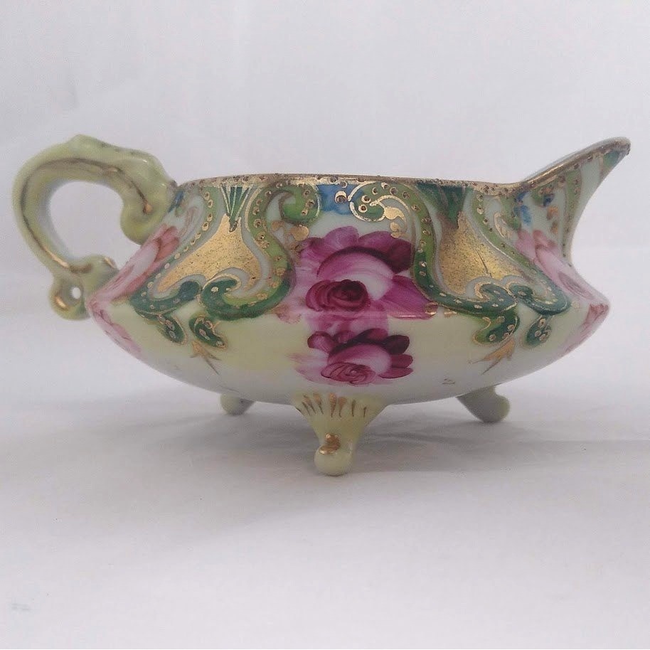 Antique Nippon Hand Painted Three Footed Creamer Moriage Pink Rose Gold Pitcher