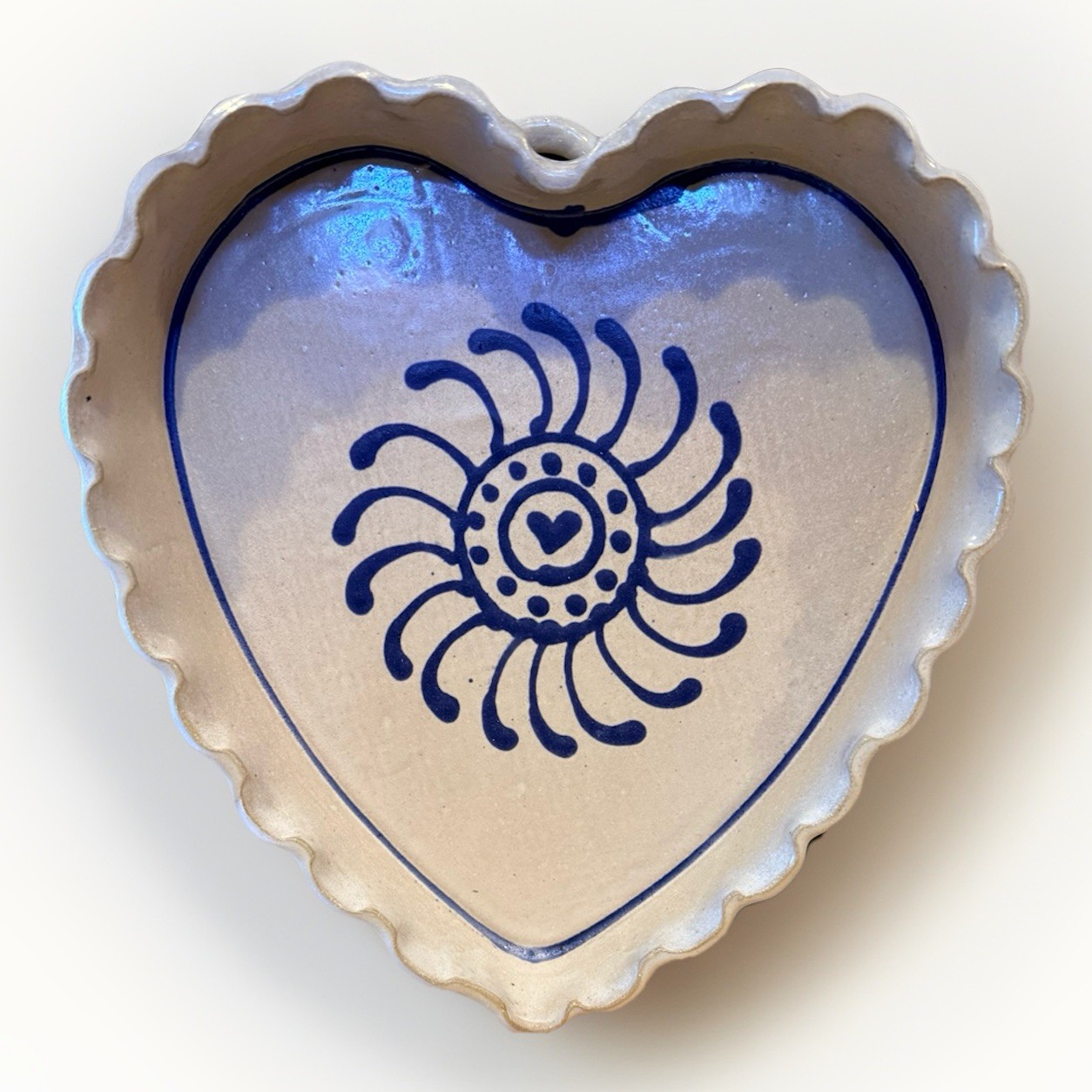 Vintage Kemper Pottery Heart Dish Oneonta NY Blue Floral Stoneware Baker 1988