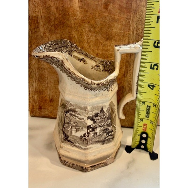 Antique Victorian Brown Transferware Octagonal Pitcher Chinoiserie 6”