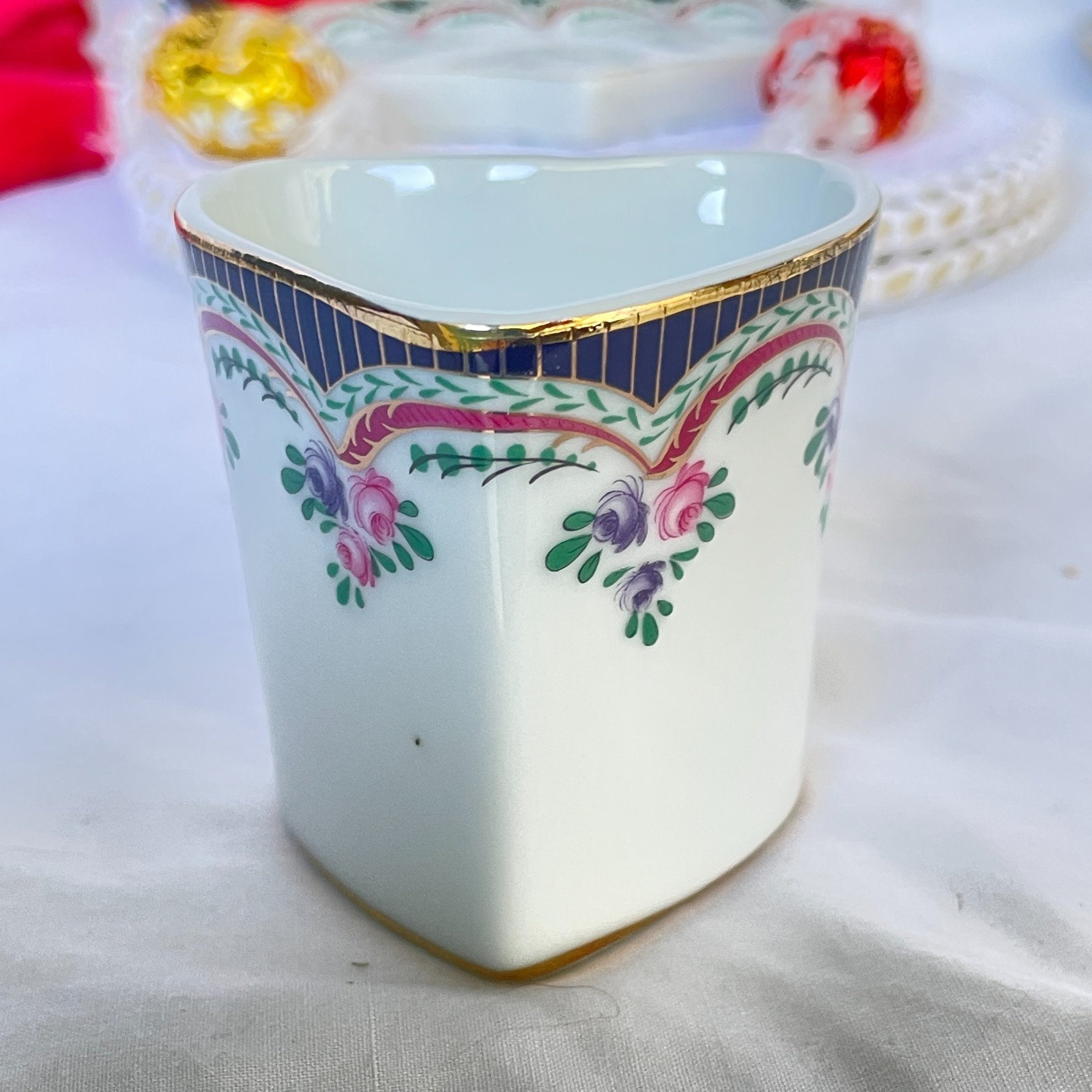 Vintage China Heart Shaped Coffee Cup & Saucer Cobalt Rim Rose Swags Gold Handle