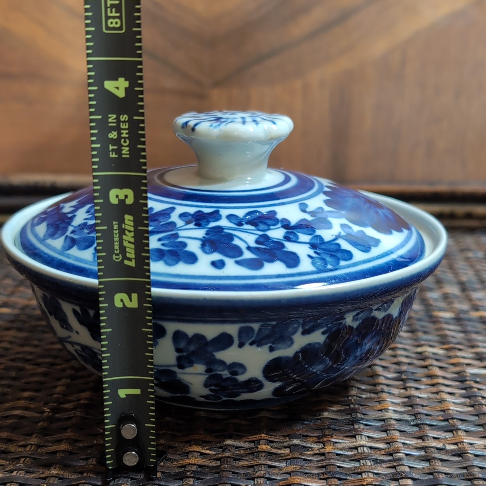 Vintage Blue & White Floral Ceramic Round Covered Dish w/Lid Glossy 3.5 in