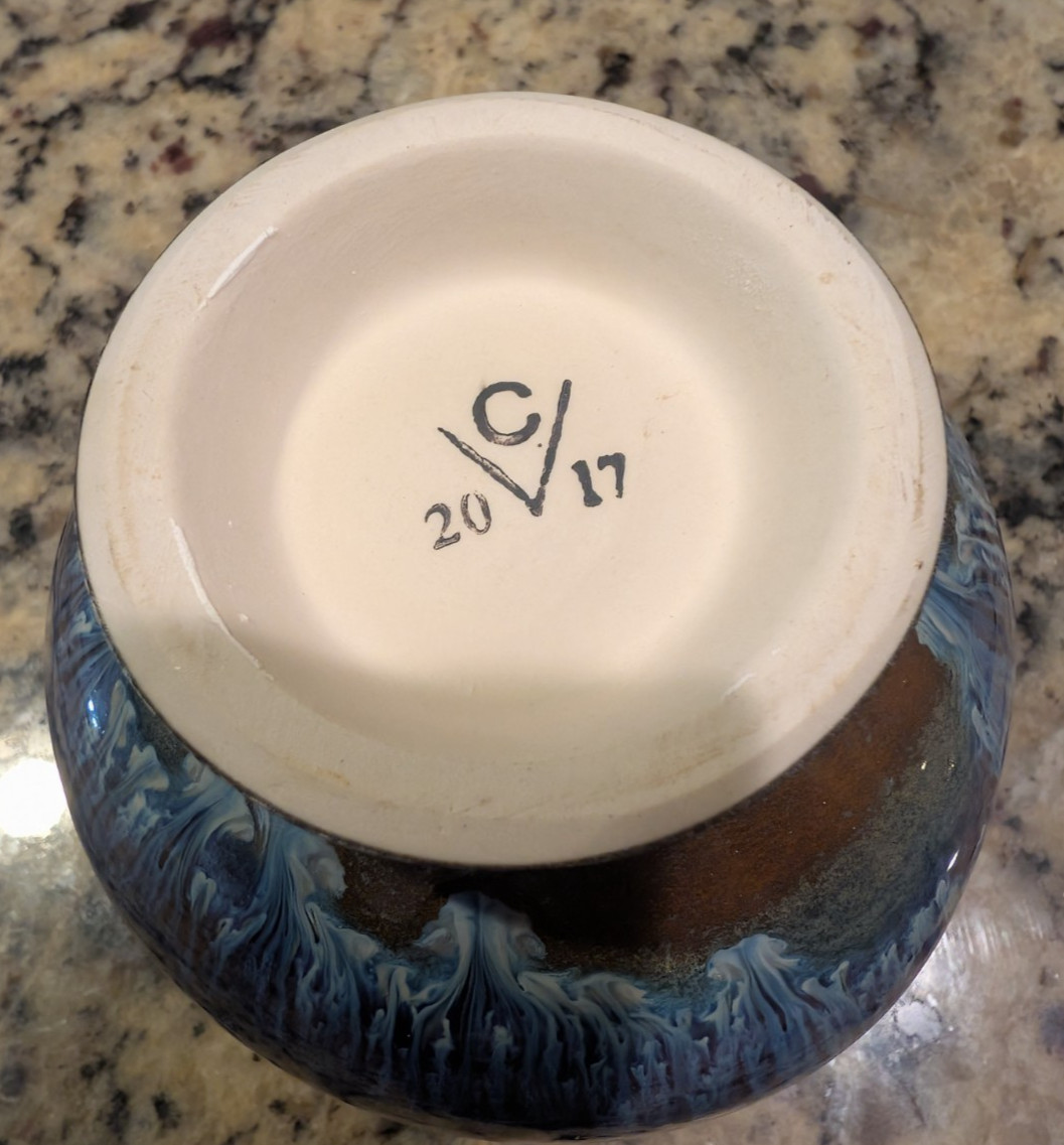2017 Bill Campbell Pottery Cup or Bowl Dish Signed CV2017 Unique Drip Glaze