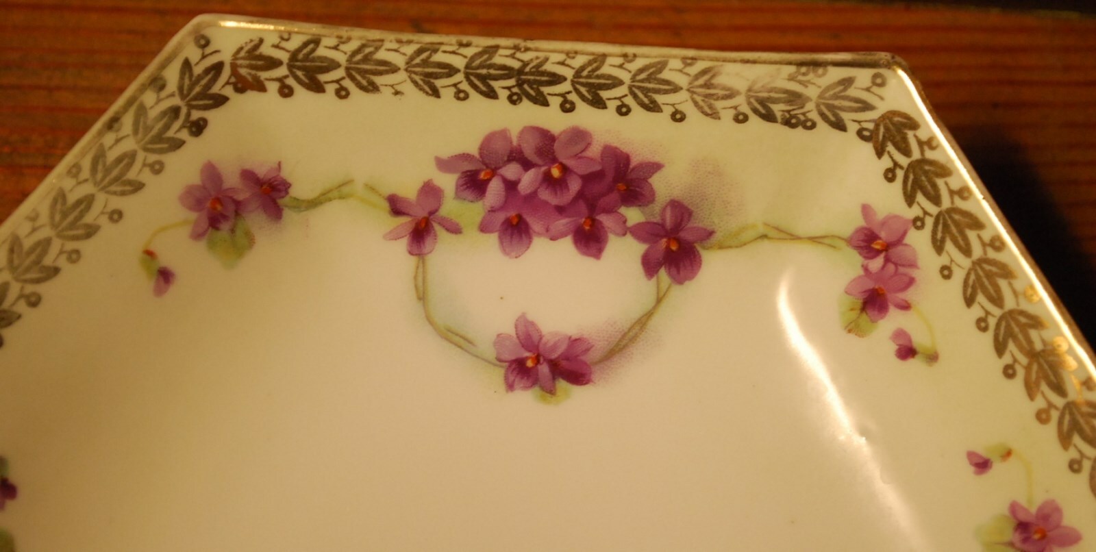 Set 2 HAND PAINTED VIOLETS Antique Prussia Hexagonal Porcelain CANDY Dishes