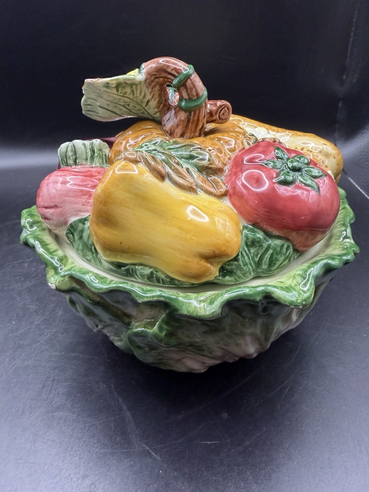 Vtg Fitz& Floyd Classics Ceramic Bowl W/Lid “Gardening Gourmet” 5” Tall Majolica