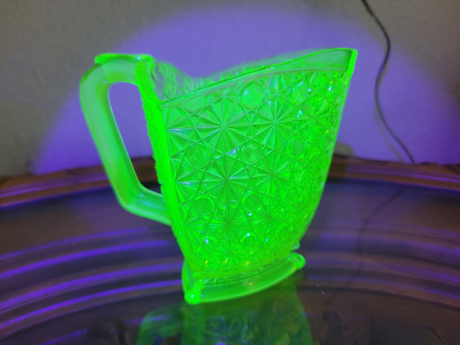 Gillinder & Sons Antique Vaseline Yellow Uranium Glass Triangle Cream Pitcher