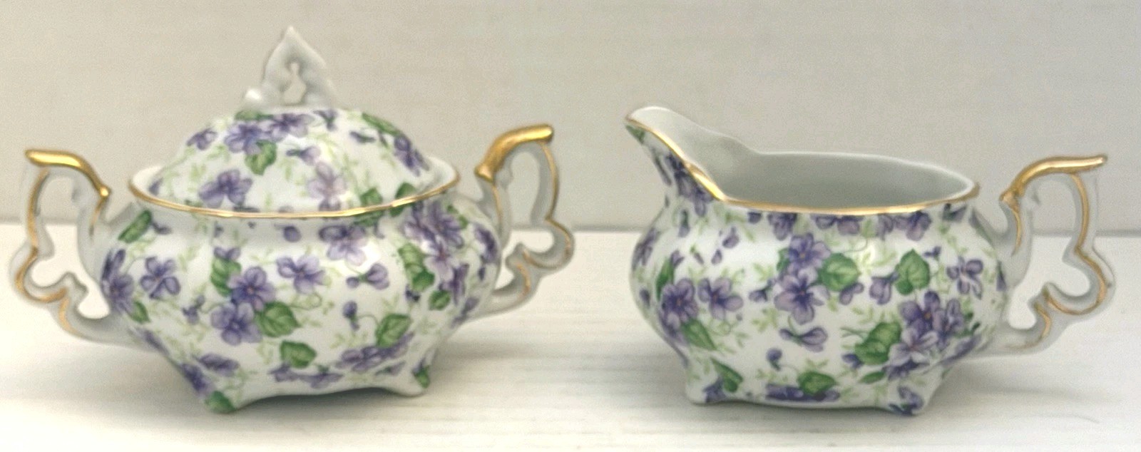 VTG Legion China Creamer And Lidded Sugar Bowl With Purple Floral Design
