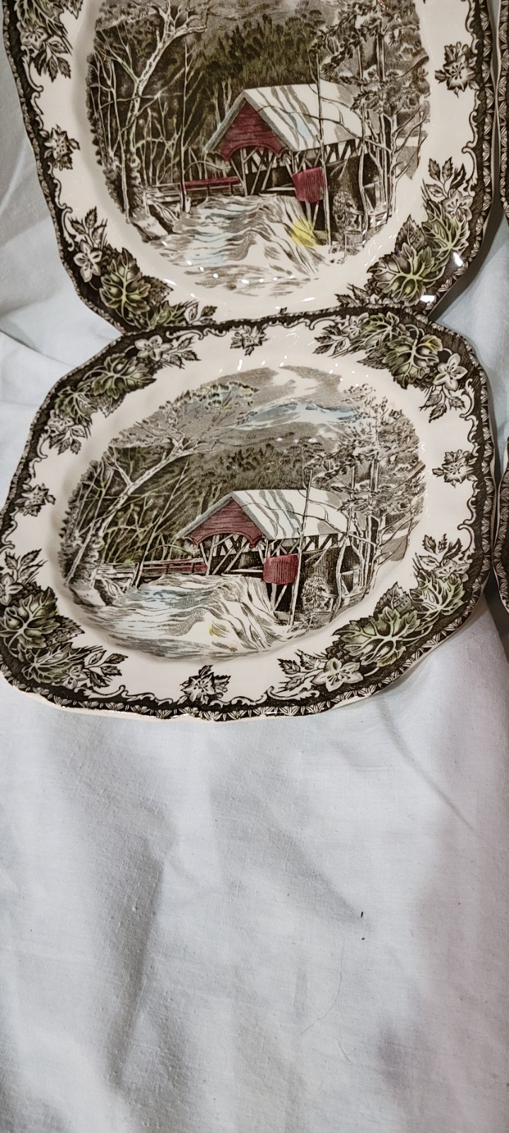 4 Johnson Bros Friendly Village Covered Bridge Square Plates Made in England
