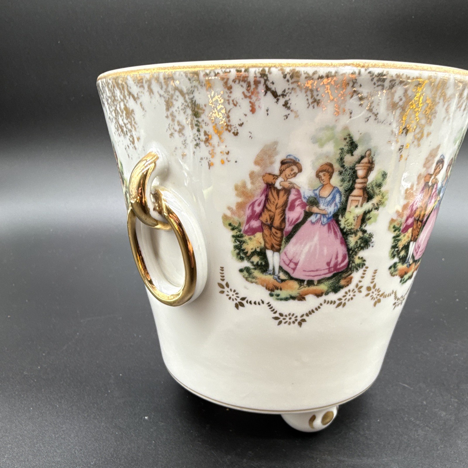 Japan White Ceramic Footed Bowl Gold Ring Handles Courting Couple 5in