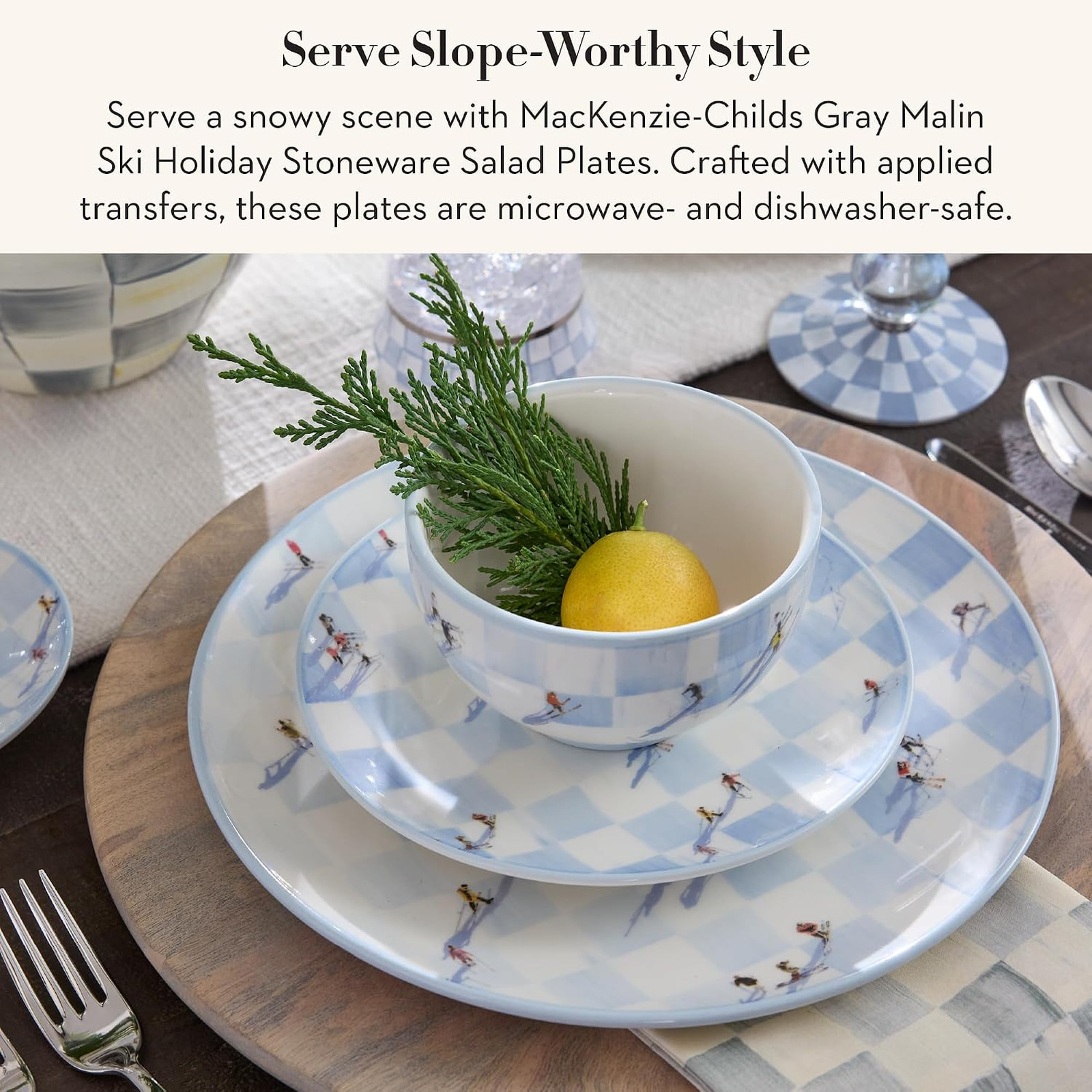 Stoneware Salad Plates Set of 4 Gray Malin Ski Holiday Dinnerware 7.5 Inches
