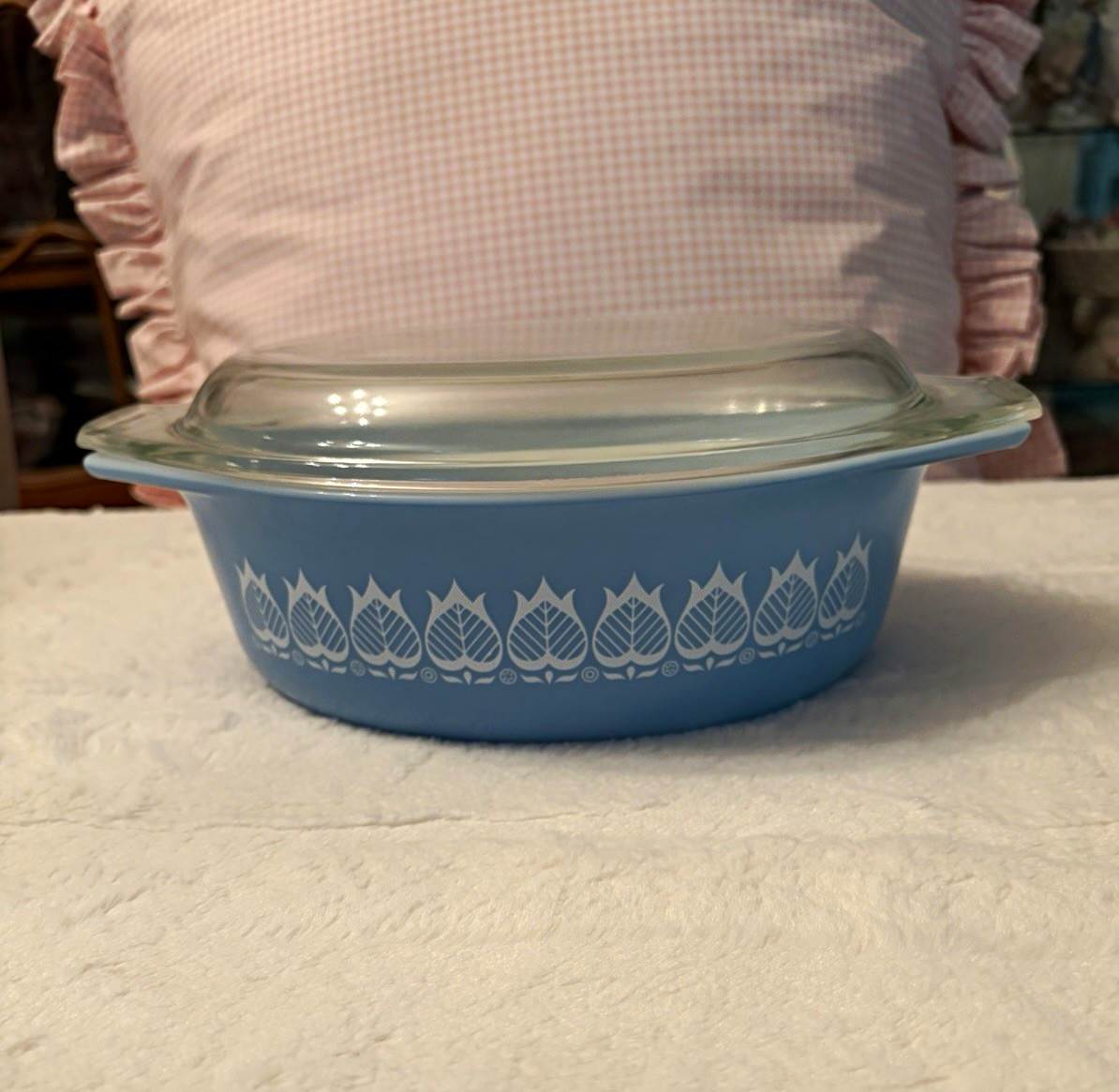 VTG Pyrex “BLUE TULIP” #043 1.5Qt Oval Casserole W/ Glass Lid 1960’s Promo EUC
