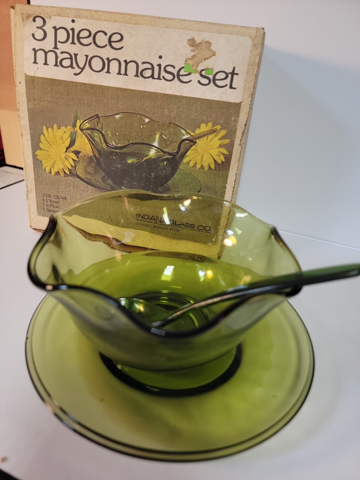 VINTAGE Indiana Glass 3 Piece Mayonnaise Set 2128 Olive Green Original Box 1970s