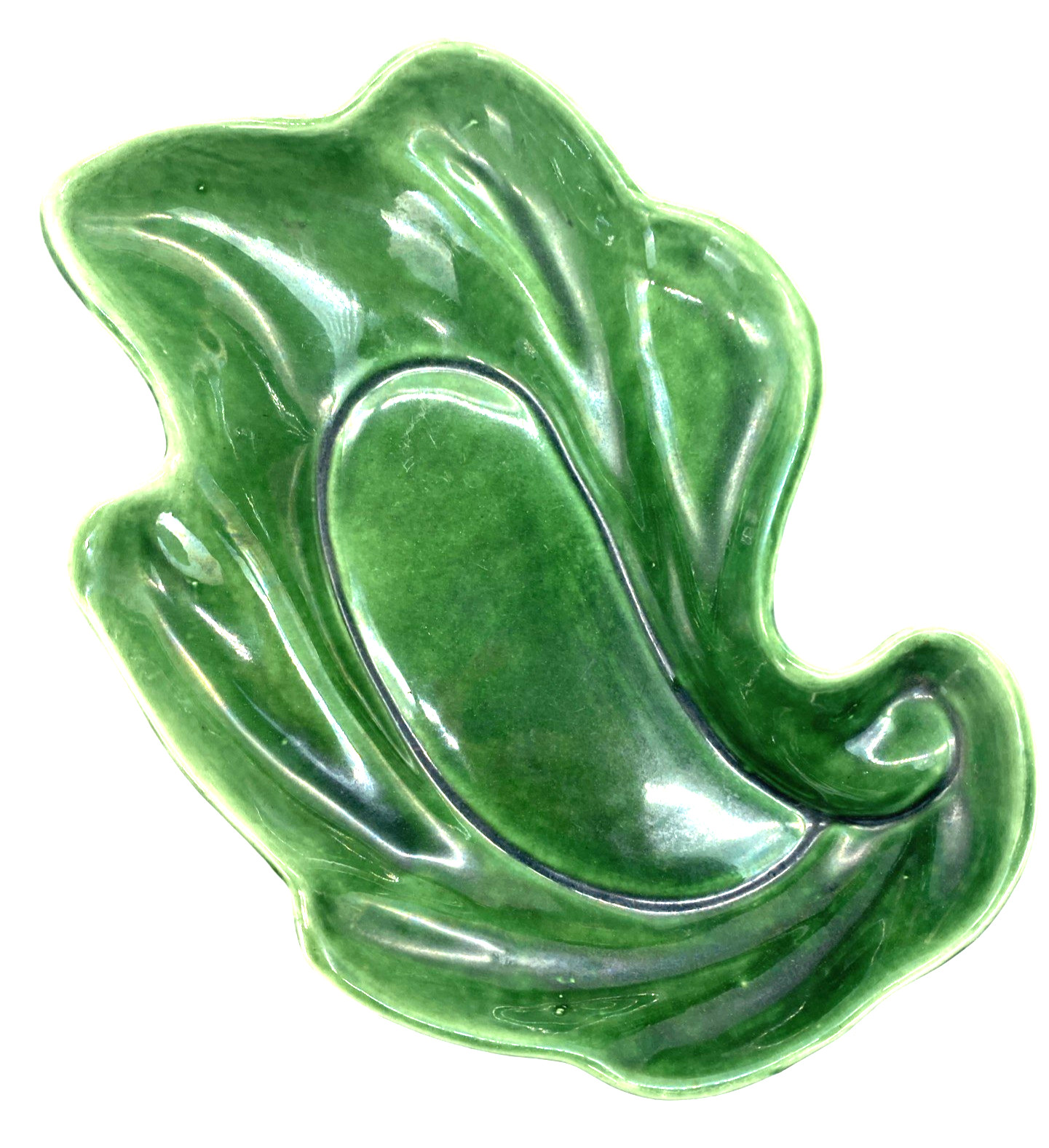 Vintage Hull Pottery Leaf Shaped Bowl Dark Green Dish USA 10.5″ x 7″