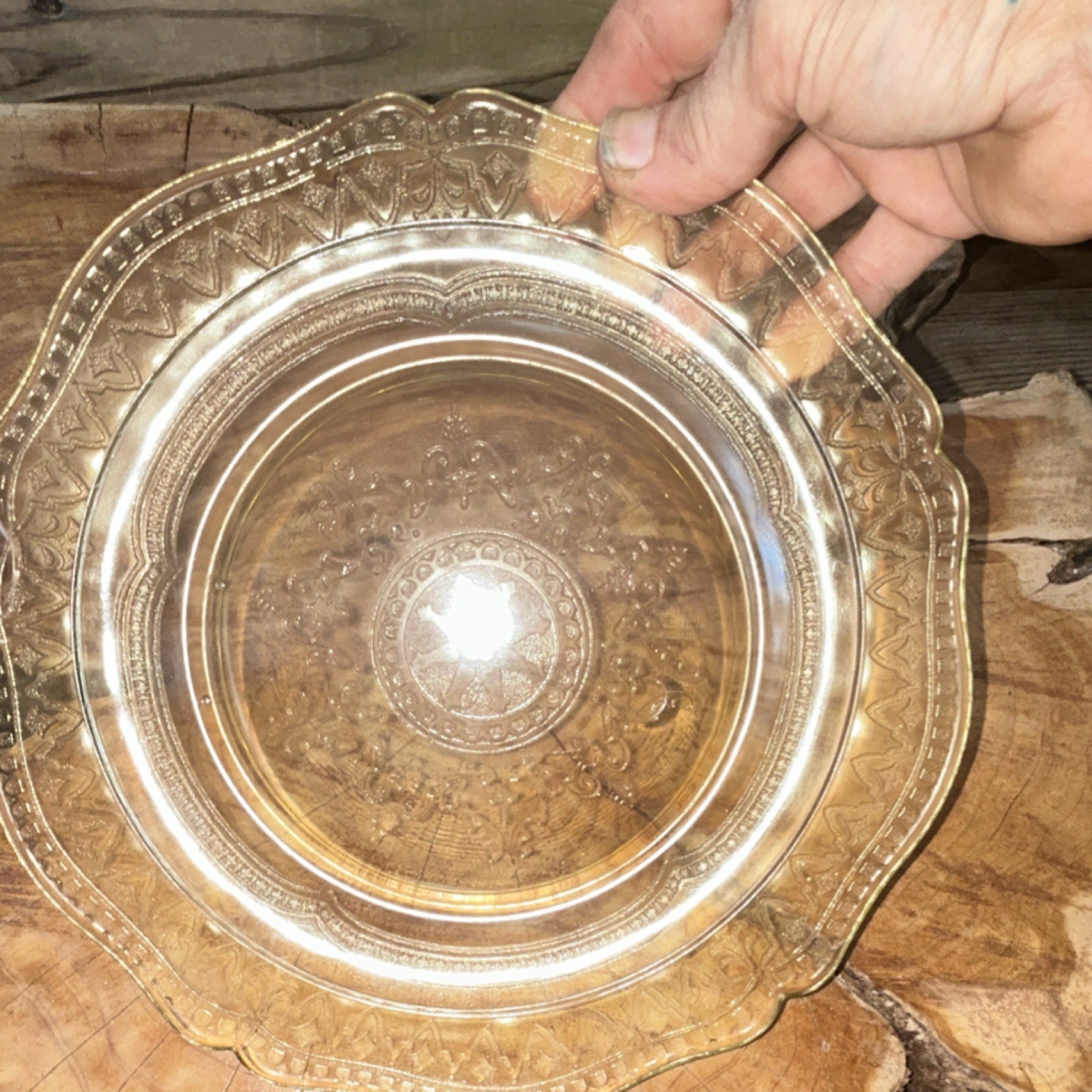 Clear Pressed Glass Floral Round Plate, Embossed Center, Scalloped Rim