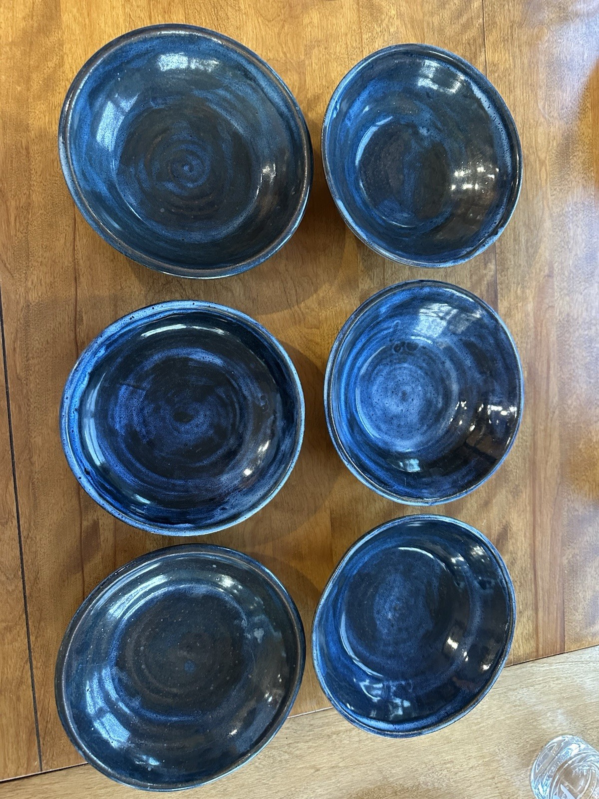 Set 6 Signed Hand Thrown Stoneware Blue Glaze Pottery Bowls 8” Approximately