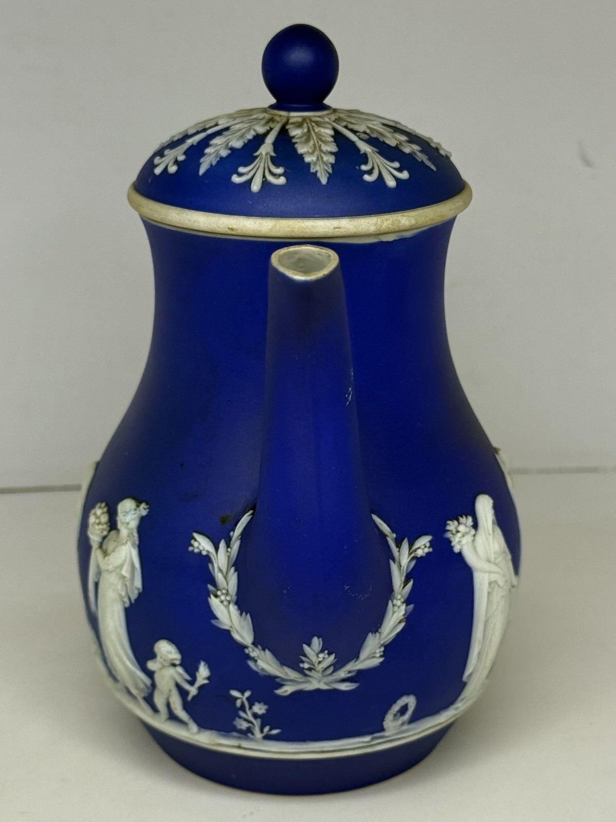 Antique 1880 Wedgwood Cobalt Blue Jasperware Neoclassical Nymphs Scene Tea Set