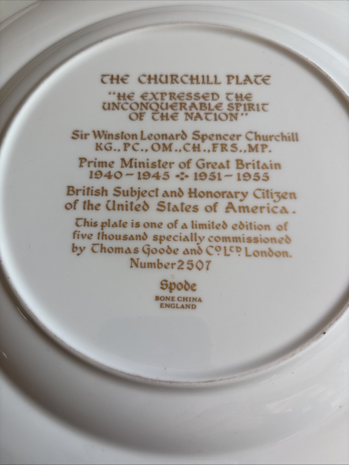 Spode The CHURCHILL Plate Commemorative England 11″ #2507 of 5,000 Bone China