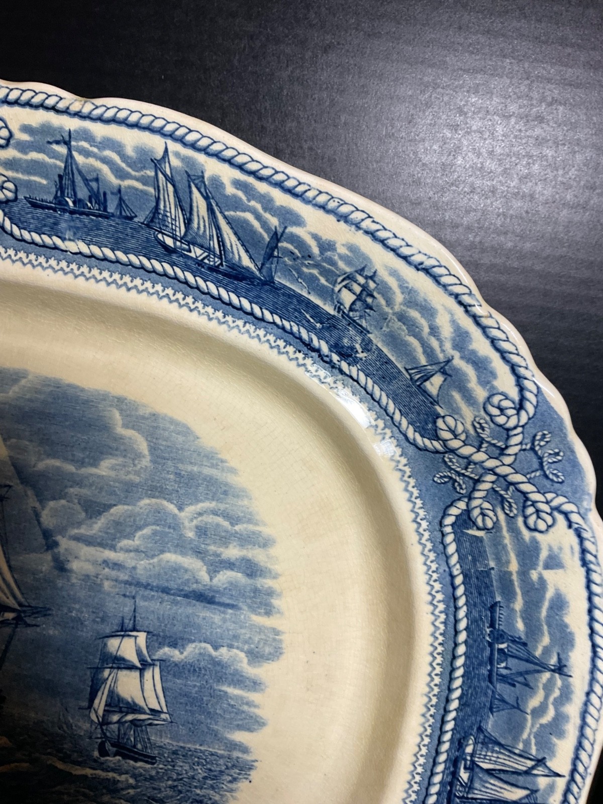 DEFECTIVE Antique Masons AMERICAN MARINE Ironstone Oval Blue 19 Platter G3D
