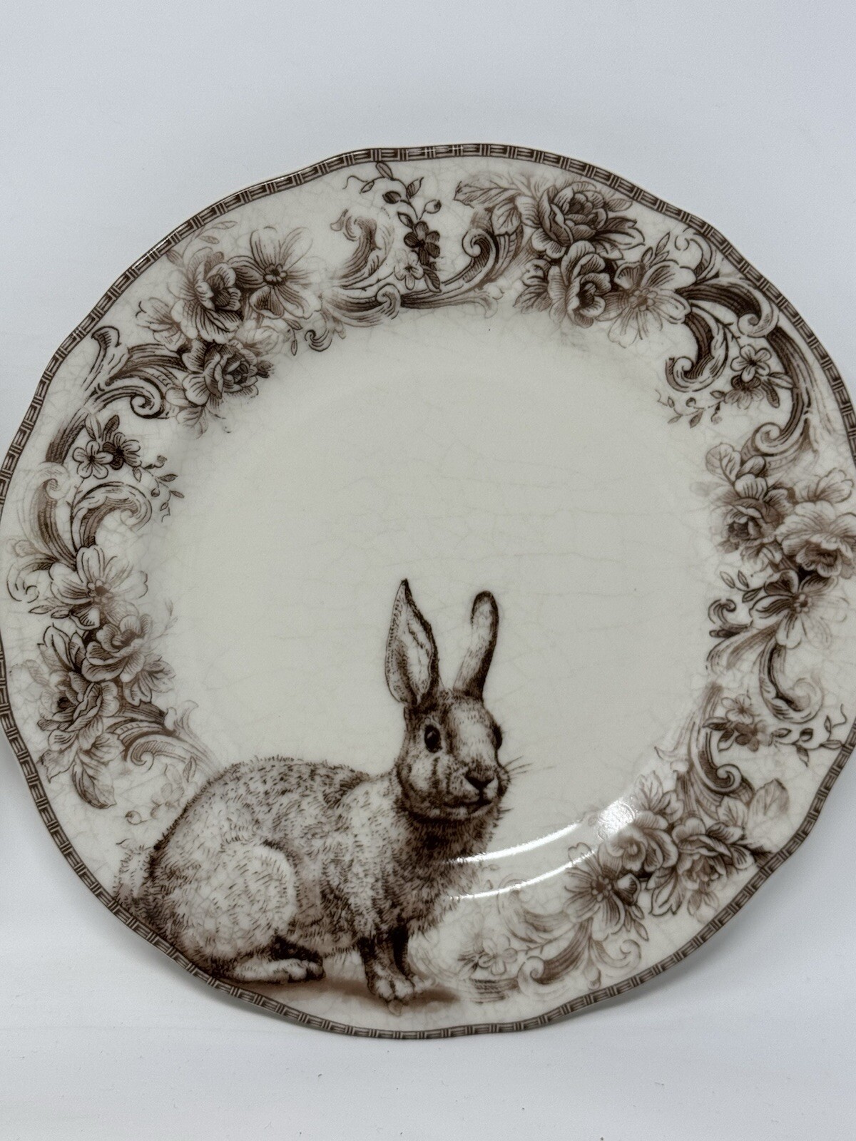 2 222 Fifth Bunny Arabella Brown & White Porcelain Salad Plates 8.5” Easter