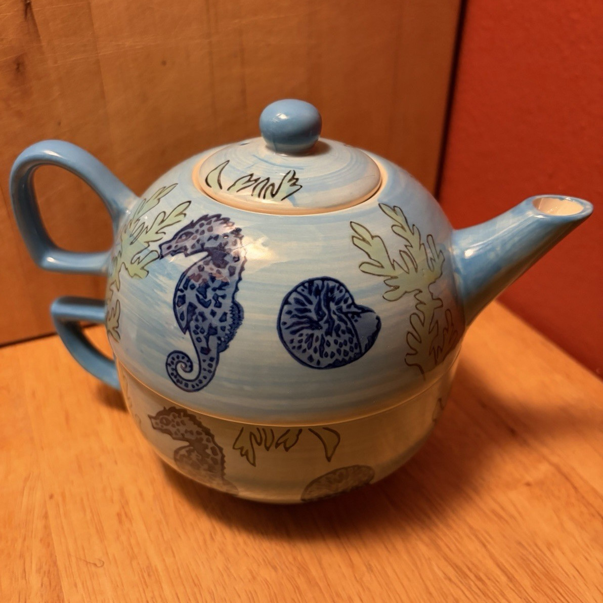 Yokohama Studio Hand Painted Blue/White Seahorse Ceramic Teapot w/ Lid Glossy