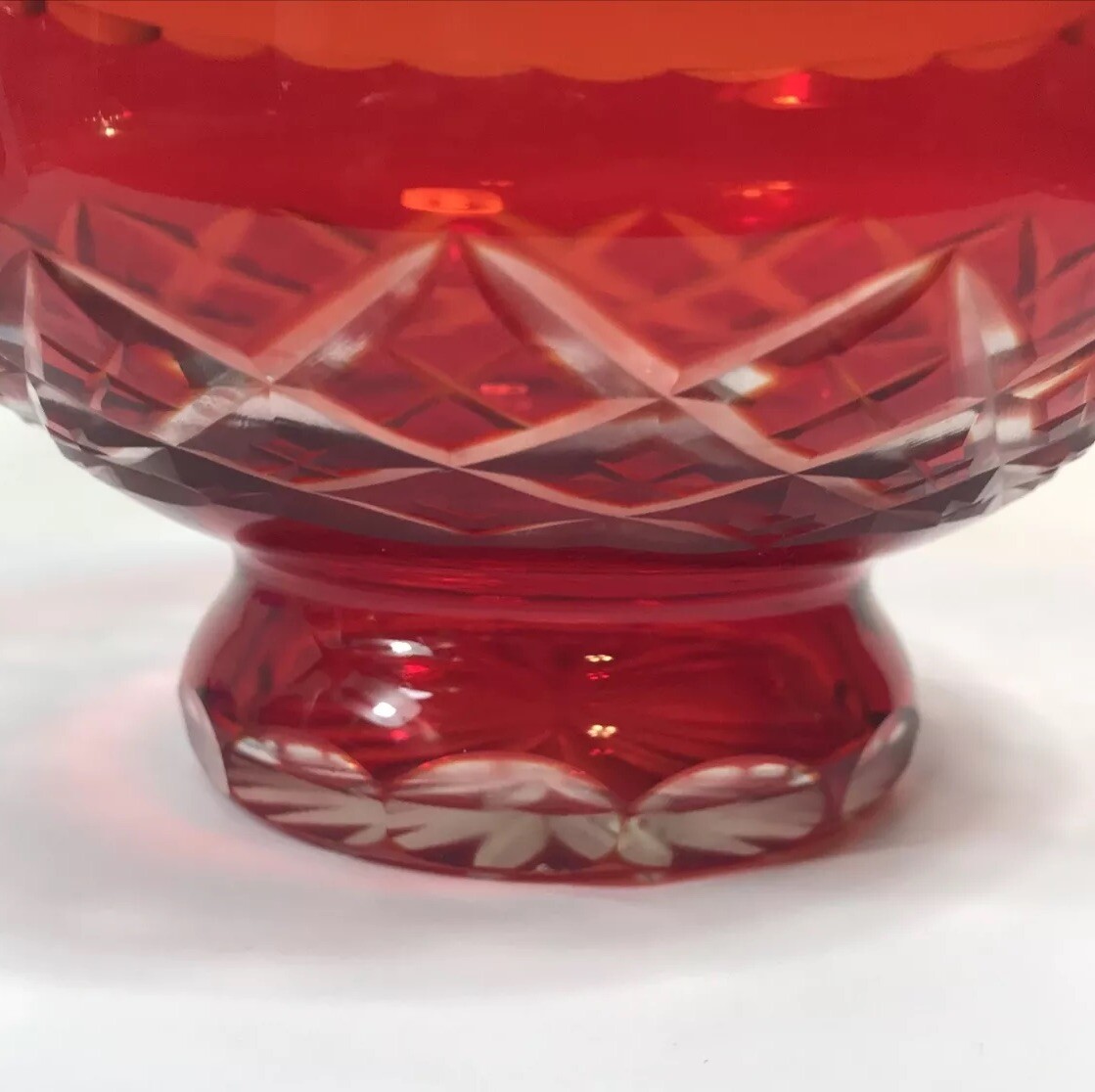 Ruby Red Cut To Clear Glass Footed Bowl Vase Decor 5.25 In Wide Vintage E25