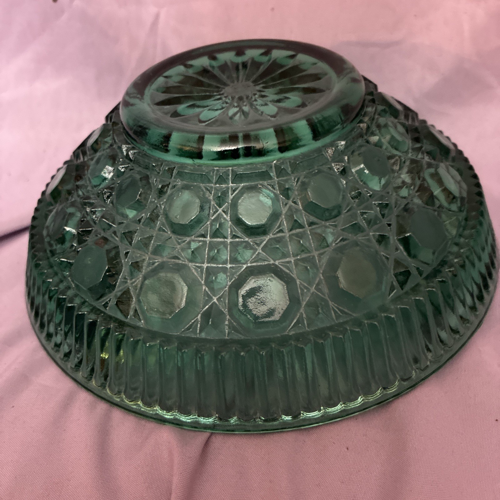 Indiana Glass Windsor Button Cane Emerald Green Covered Candy Dish Vintage