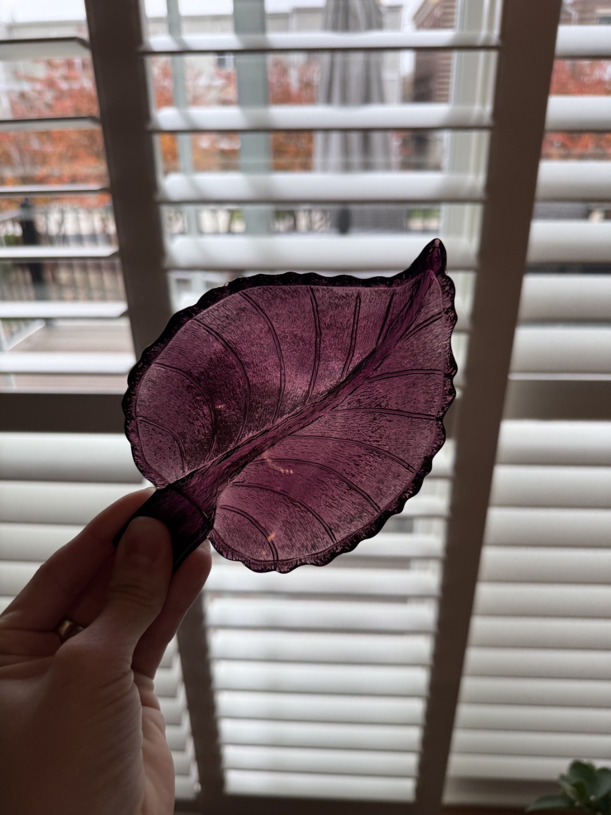 Vintage Amethyst Glass Leaf Shape Candy Nut Trinket Dish