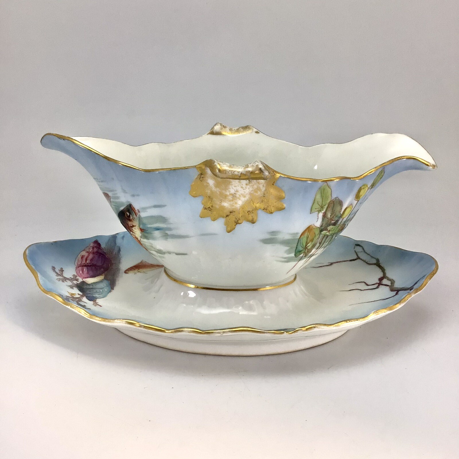 Wm Guerin Limoges Fish Gravy Sauce Boat Attached Underplate Hand Painted France