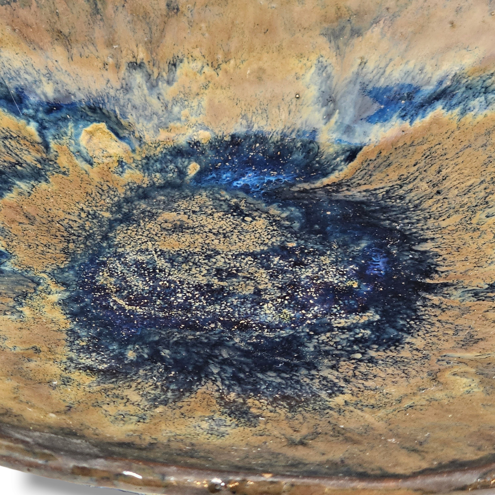 Vintage Studio Art Pottery Raised Footed Bowl Ceramic Blue Brown Signed 8.5″
