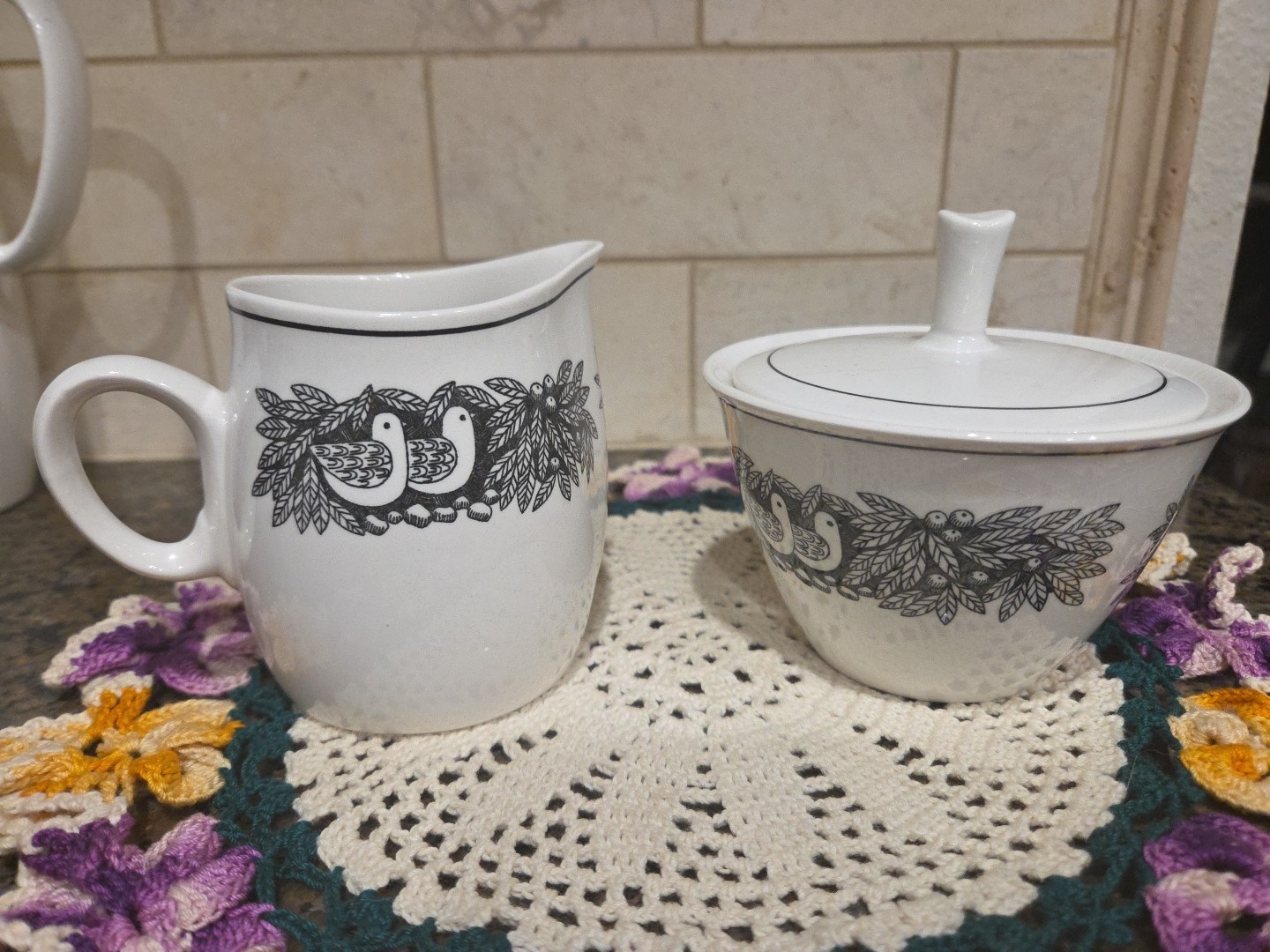 Set- Fransican Bird N Hand White Stoneware Creamer And Sugar Bowl