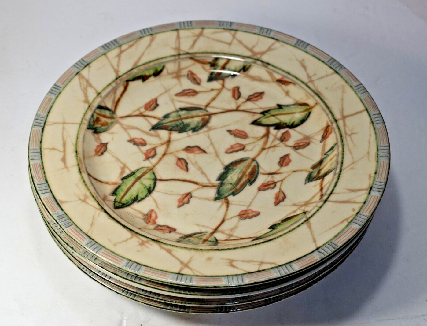 Interiors Sumatra 8″ Salad Plate – Set of 4, Stoneware, Green Leaves, Tan Vines