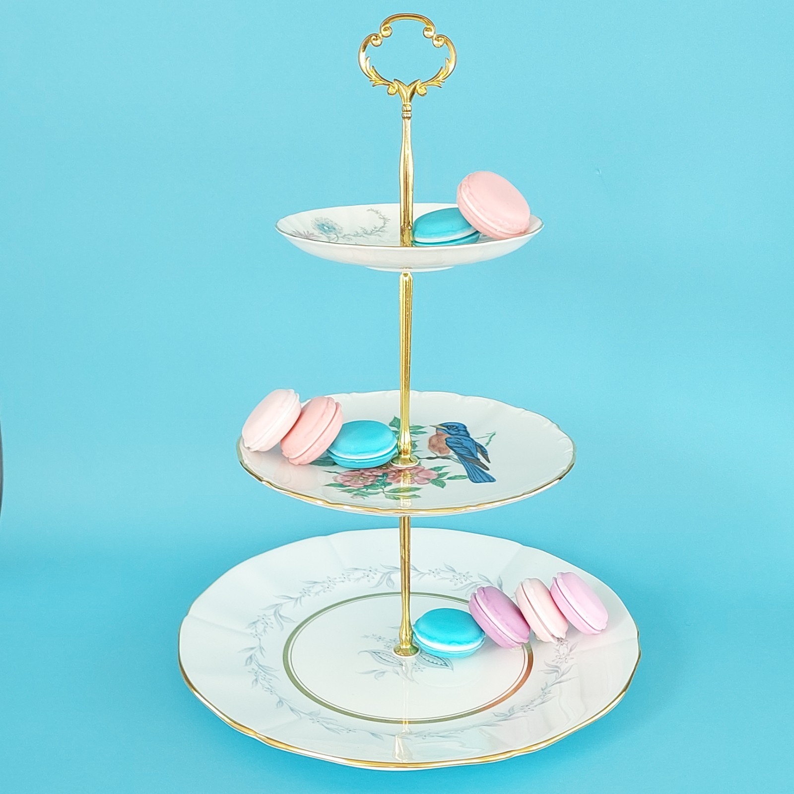 Vintage 3 Tier Cake Stand Bone China Porcelain Bluebird Floral Afternoon Tea