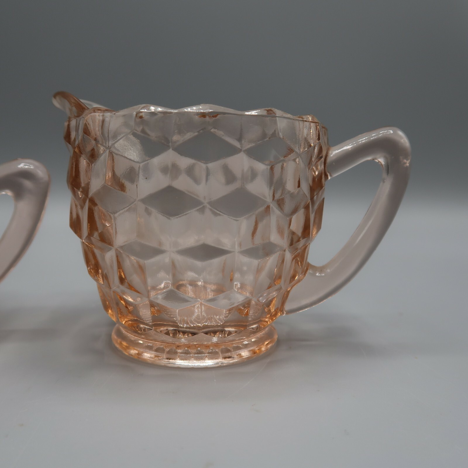 Vintage Jeannette Pink Depression Glass Cream Creamer Sugar Set Cube Cubist