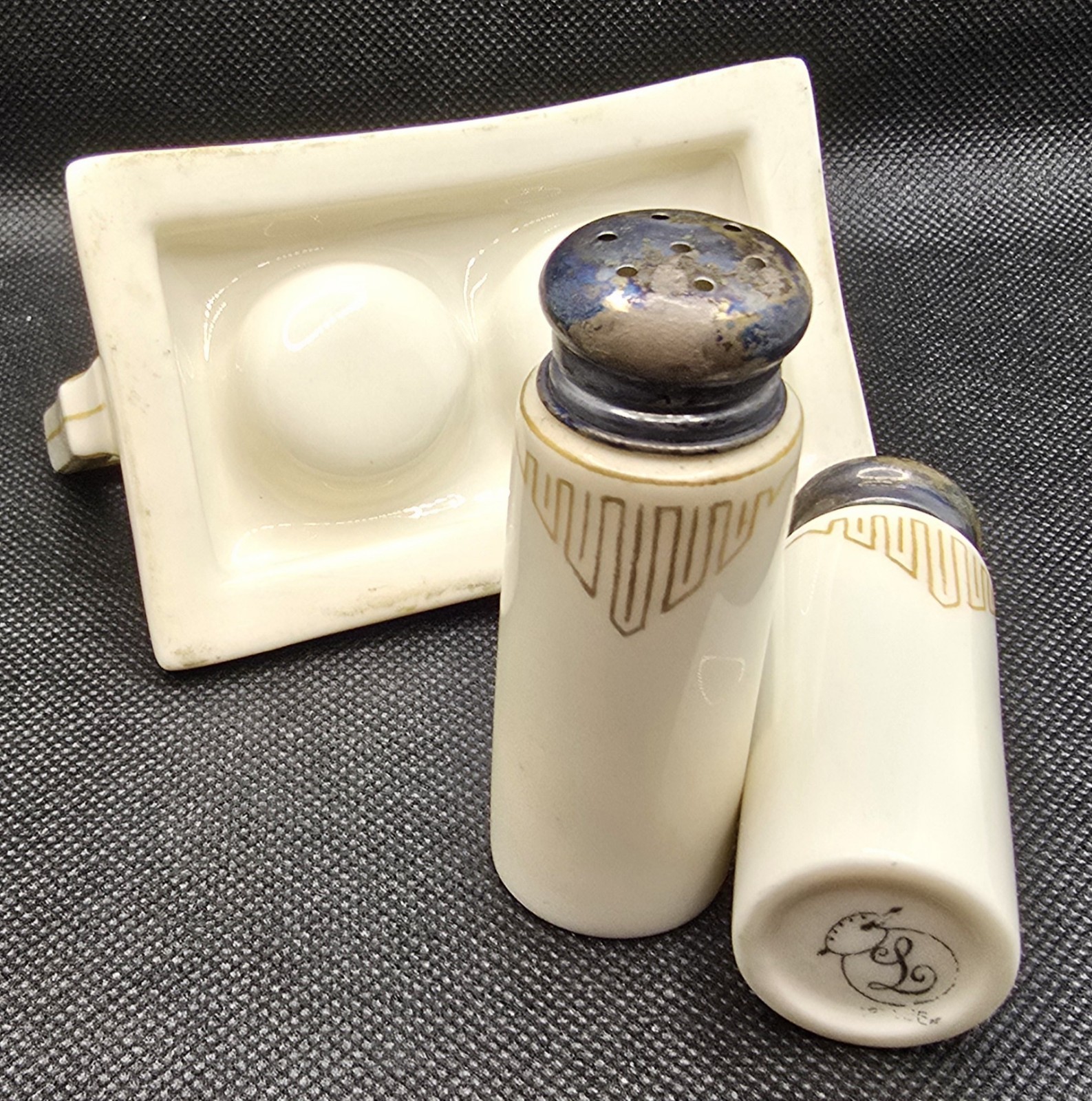 Antique 1906 Lenox Belleek Porcelain Salt & Pepper Shaker Set w/ Stand Art Deco