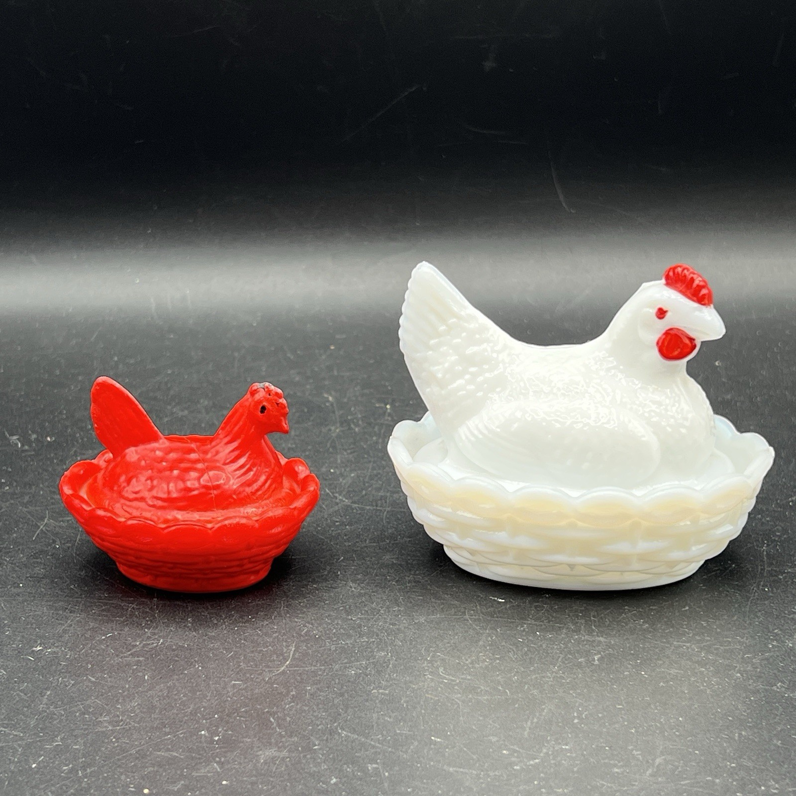 VTG Westmoreland Hen on Nest Covered Dish White Red Milk Glass Set Of 2