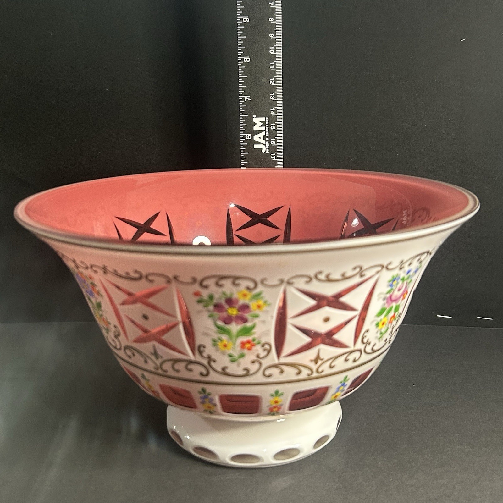 Bohemian Czech White Glass Cut to Pink Pedestal Bowl Hand Painted Flowers 9”