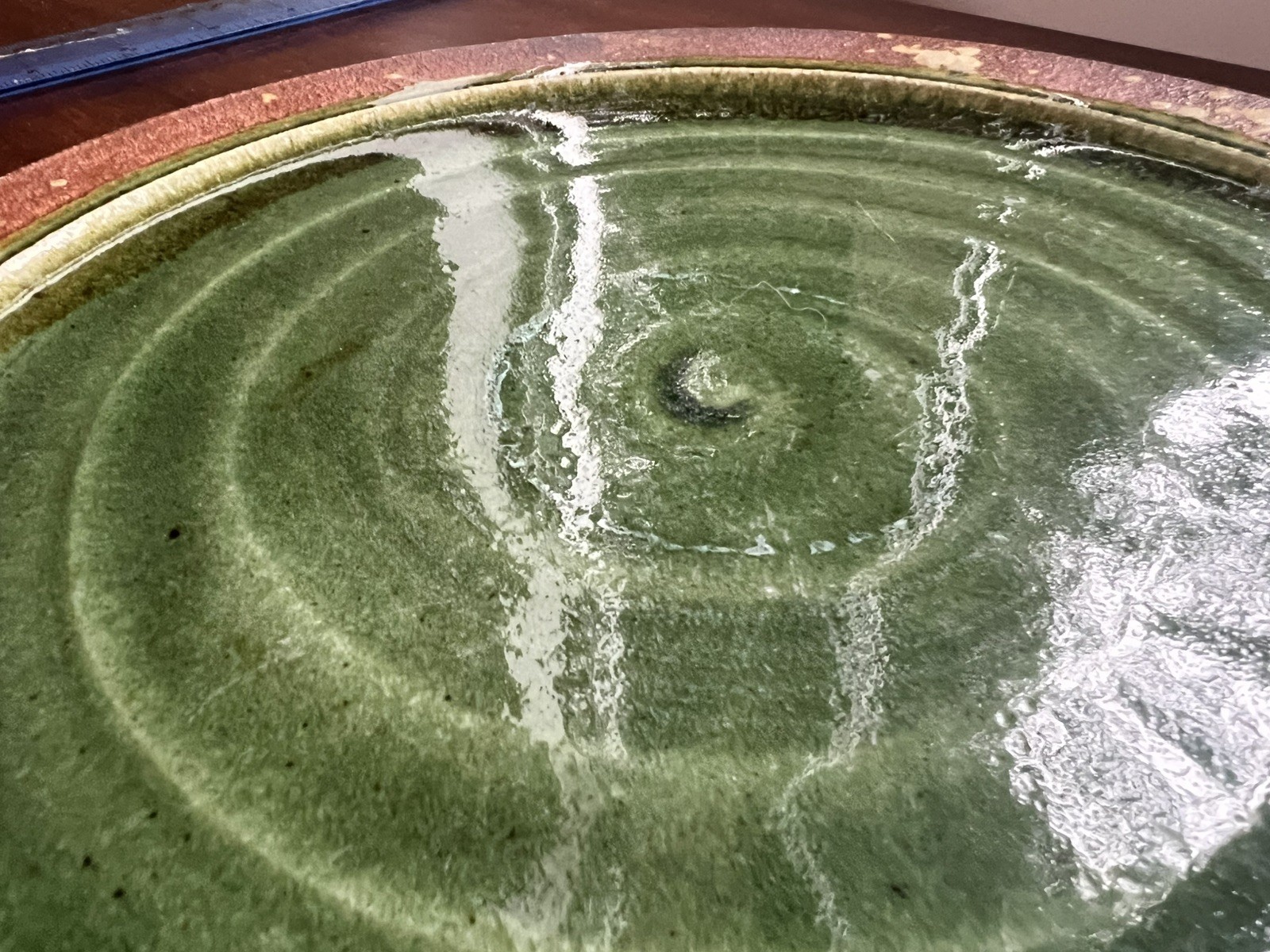 Studio Pottery Plate 11in Green Drip Glaze Signed Spiral Chop Mark
