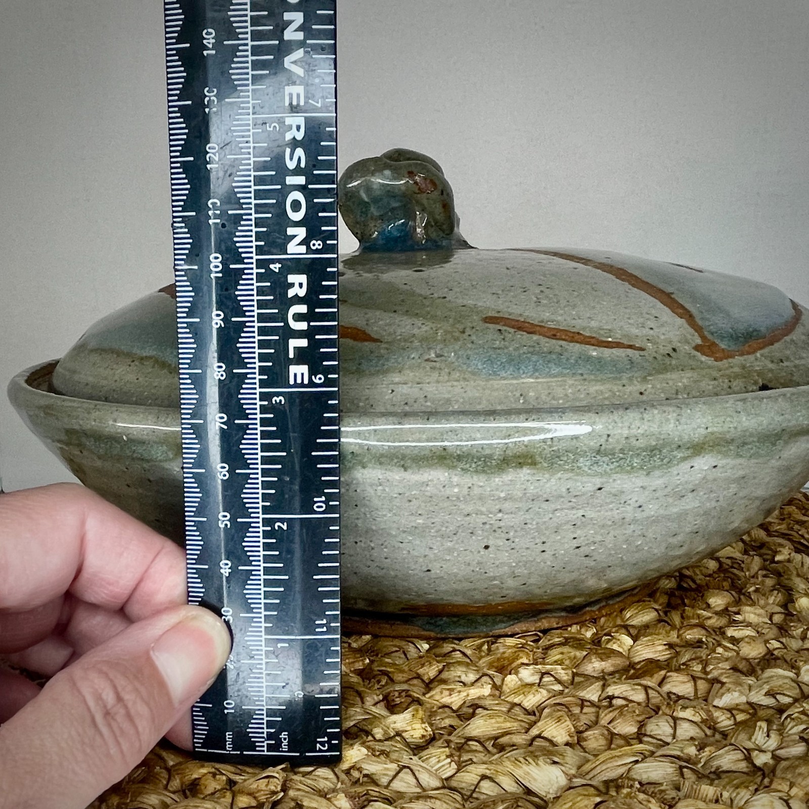 Stoneware Lidded Serving Dish Crock Rustic Pottery Blue Tan Gray Handmade Signed