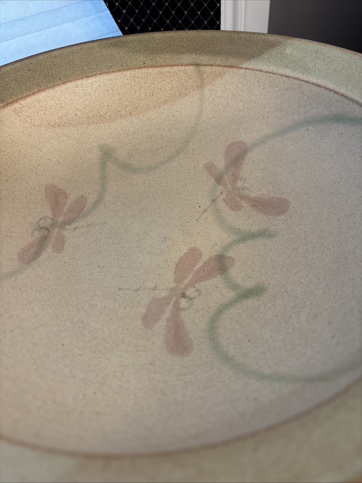 Whimsical Handmade Studio Pottery Bowl-Signed- Dragonfly Motif 11-7/8″ Dia.
