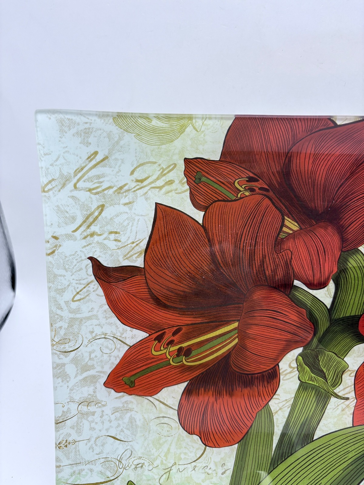 Ashland Holiday Home Accents Red Amaryllis Reverse Painted Glass Tray/Platter