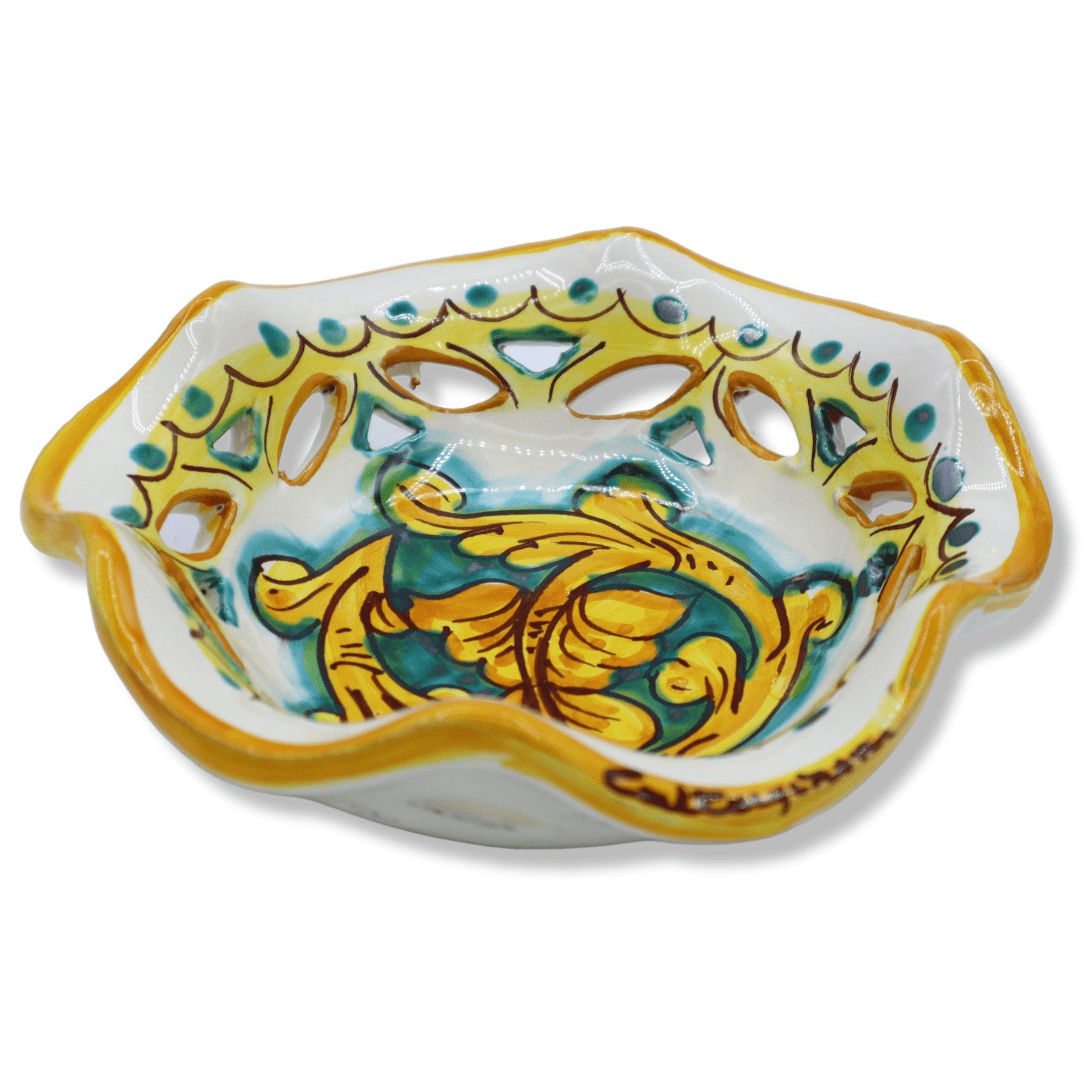 Bowl Scalloped And Perforated IN Ceramic of Caltagirone – L 5 7/8in X H 2in W