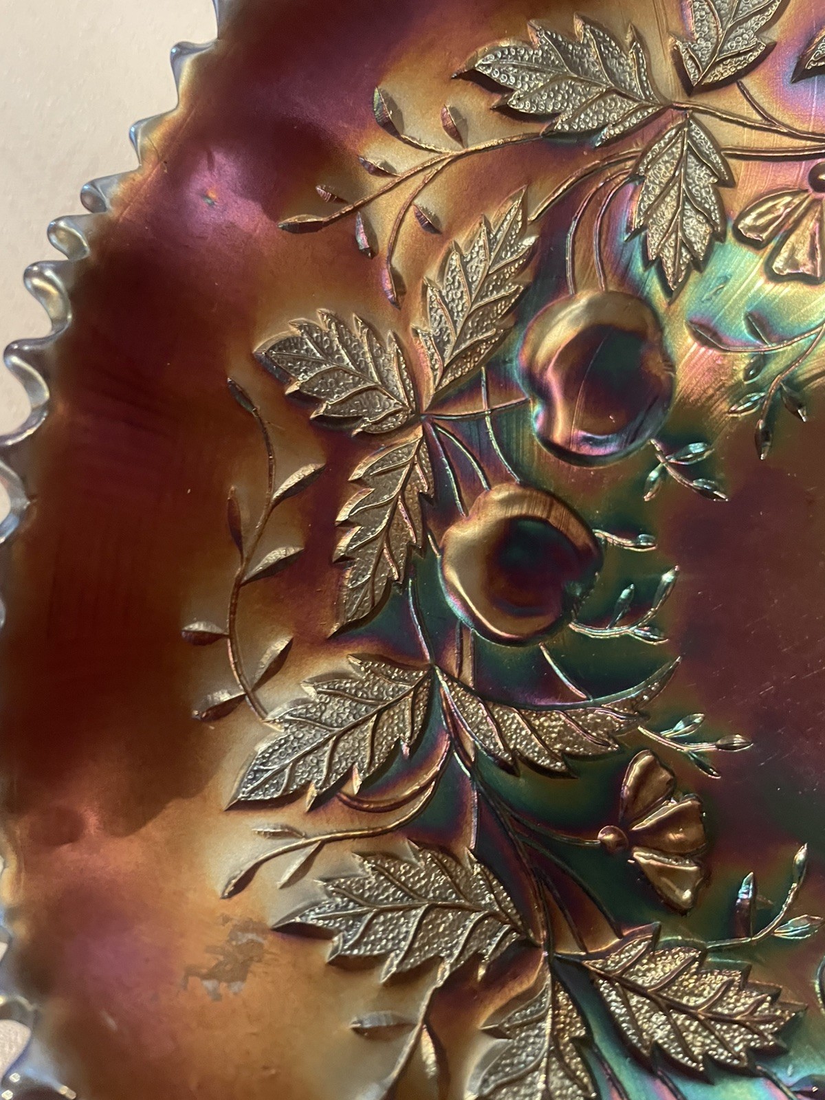 Northwood Opalescent Carnival Glass Fruit And Leaves Pattern Ruffled Edge 9.5”