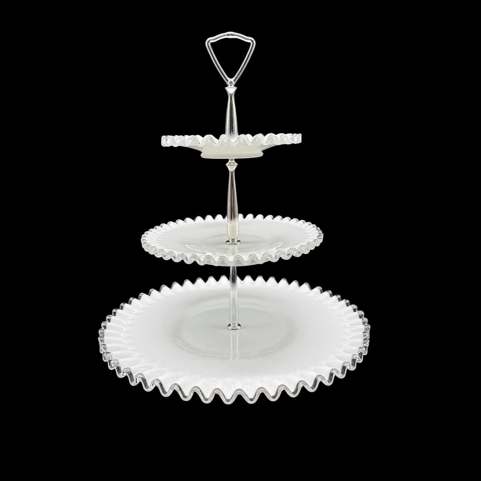 Fenton Silver Crest Three Tier Ruffled Milk Glass Tidbit Serving Tray Party Vtg